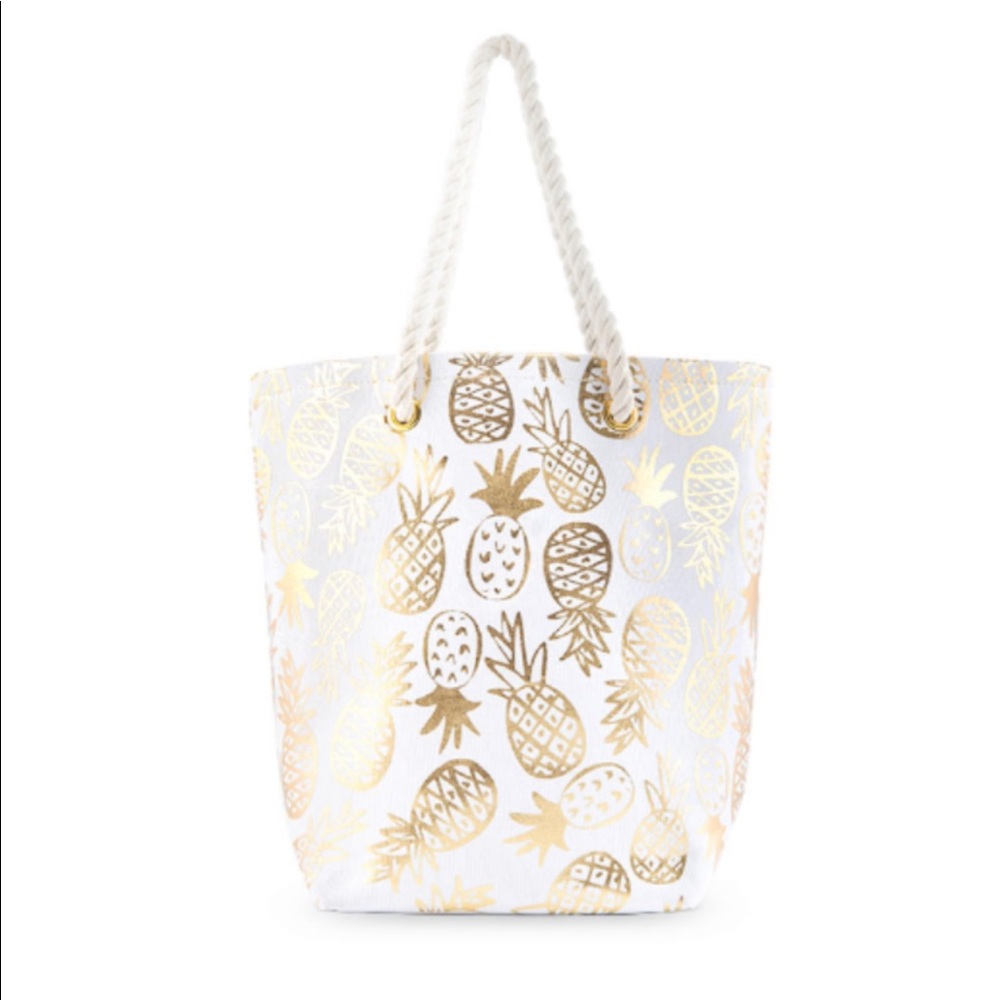 New Cotton Canvas Beach Tote Bag- Gold Pineapple Print